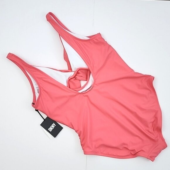 DKNY Women's Peek-a-Boo Twist One-Piece Swimsuit Coral Pink Scoop Back Size 16 - Picture 2 of 15